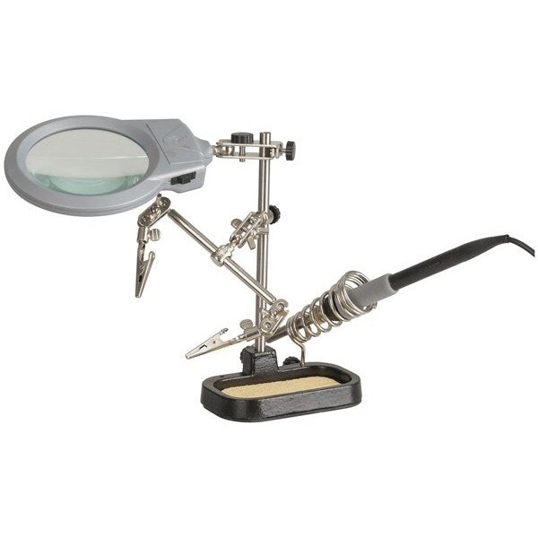 Holder with LED, Magnifier, 2 Clips & Soldering Iron Holder