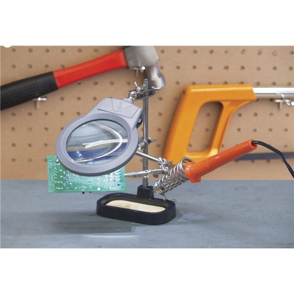 Holder with LED, Magnifier, 2 Clips & Soldering Iron Holder